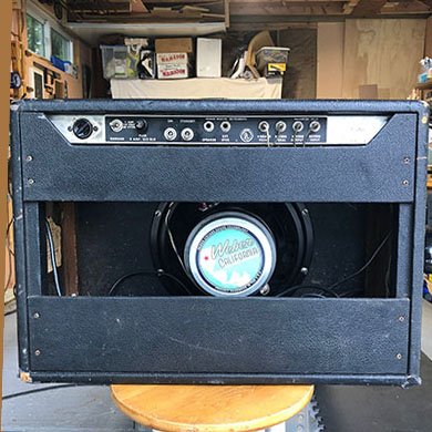 1967 Deluxe Reverb guitar amplifier, chassis view