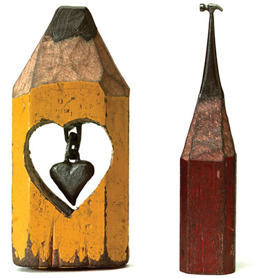 Pencil carvings: Heart and Hammer