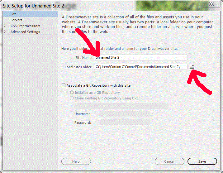 Site Definition Dialog Box